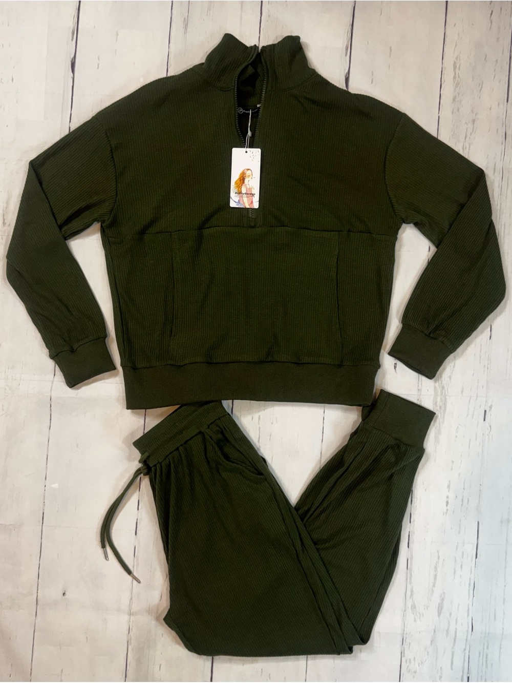 NWT Olive Ribbed Half-Zip Lounge Set